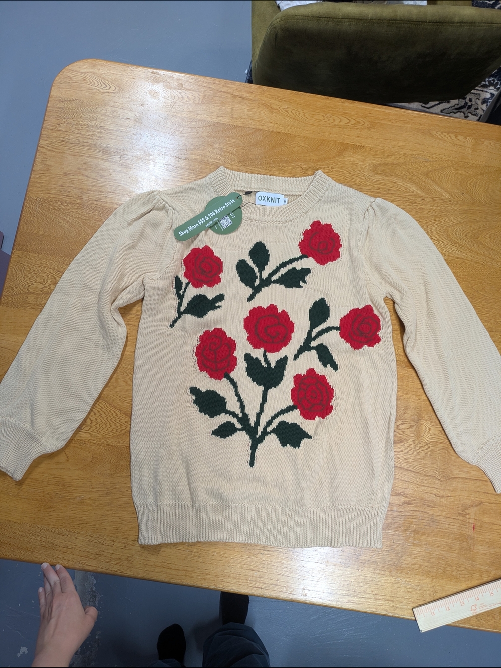 Cream Sweater with Red Rose Motif